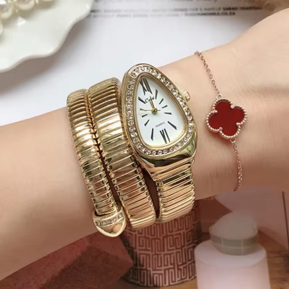 Luxury Gold Serpentine Wrap Watch with Crystal-Embellished Teardrop Dial
